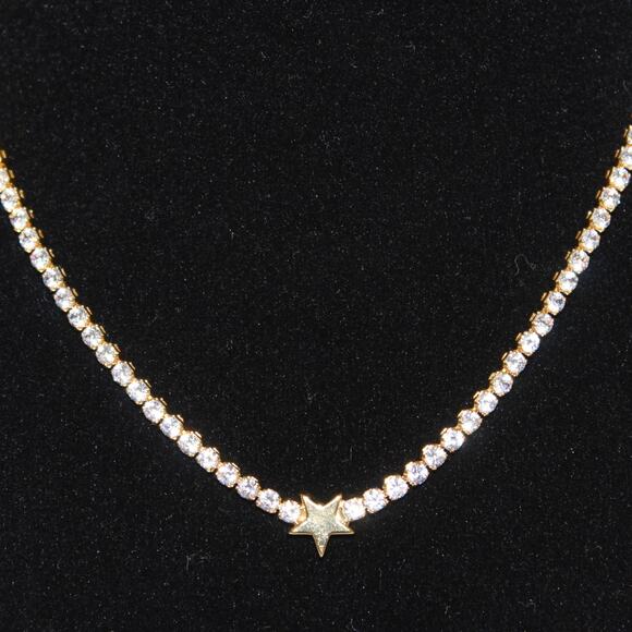 Tennis Necklace Choker With Gold Star Jeweled Necklace - Picture 4 of 8